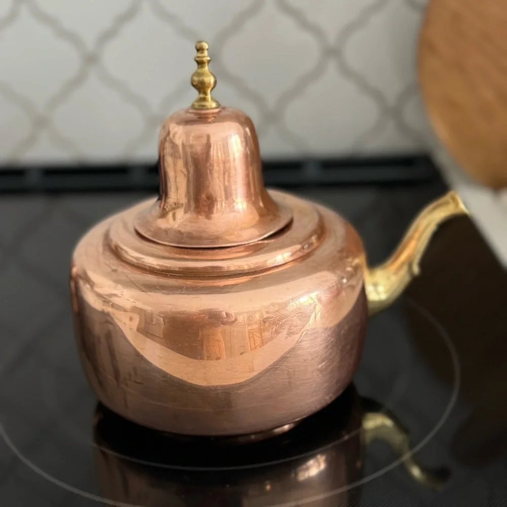 Vintage Copper Coffee  Pot With Side Wooden Handle bell on Top  Mexico